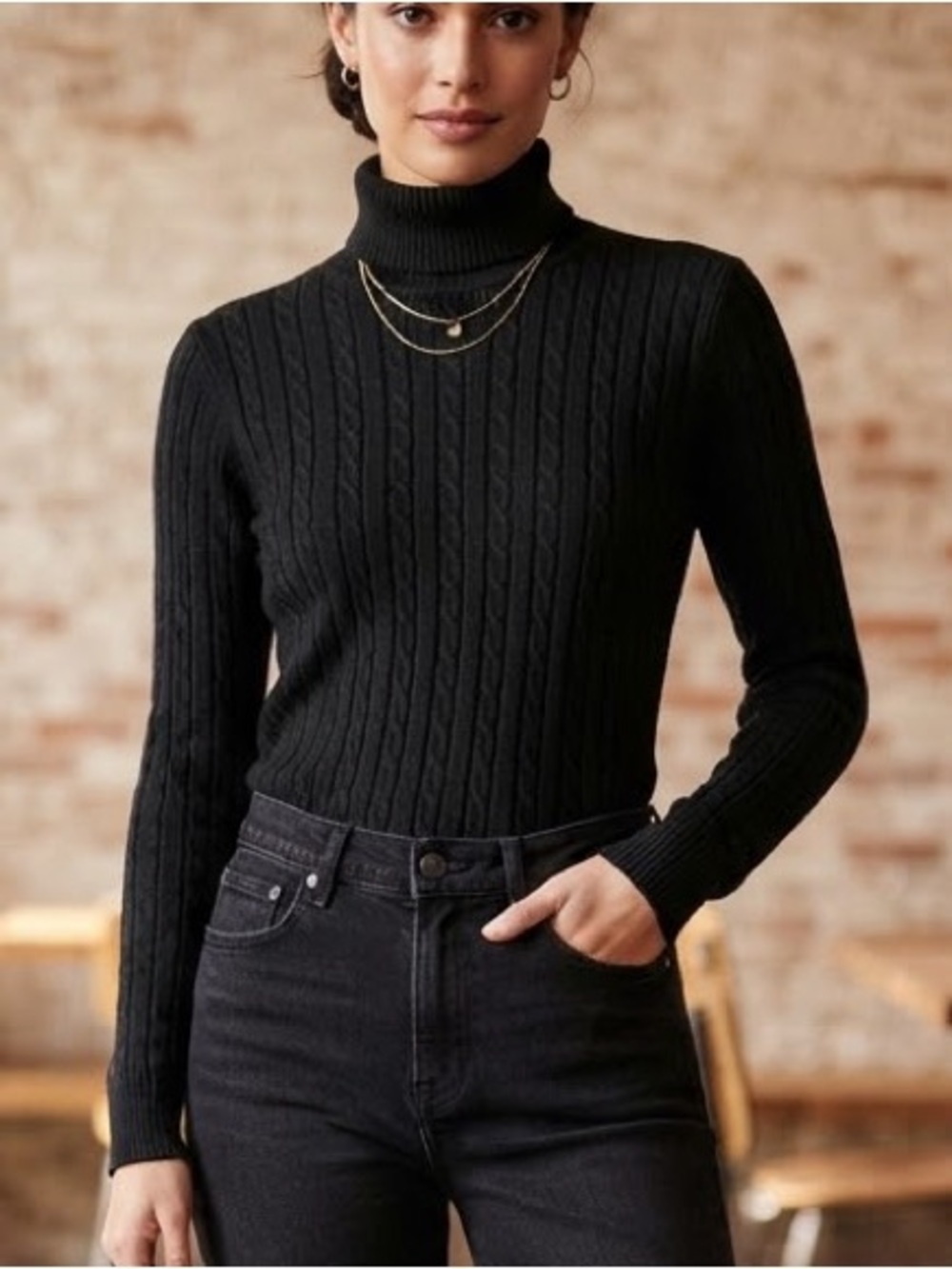 Women's Black Cable-Knit Turtleneck Sweater - High Rise Friendly